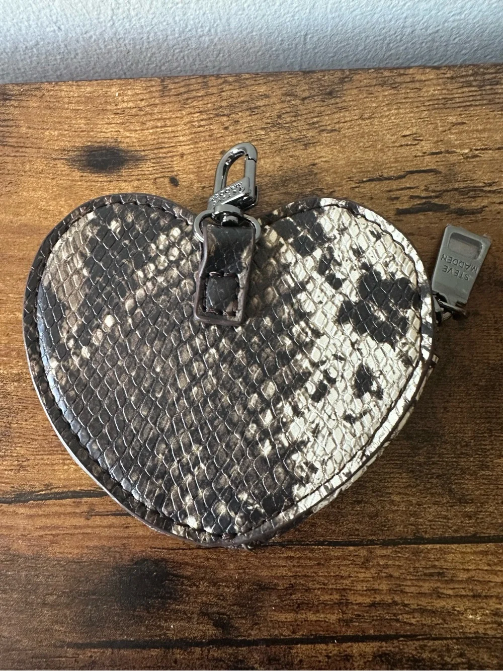 Steve Madden Snake-Print Embossed Heart Coin Pouch Bag Charm Keychain Brown/Tan